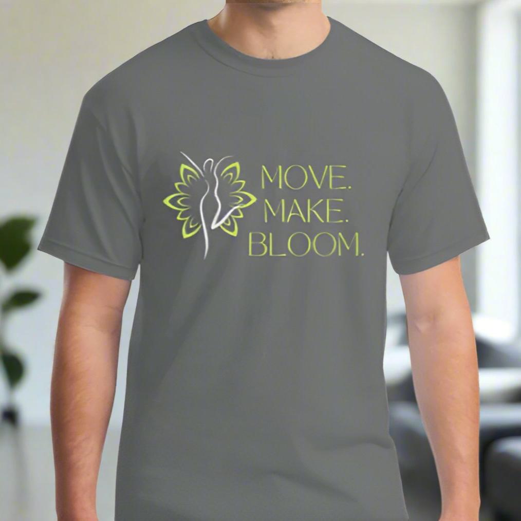 The Classics Collection: MOVE. MAKE. BLOOM. Classic Unisex Logo Tee, Charcoal Grey with Light Grey & Lime Embellishments